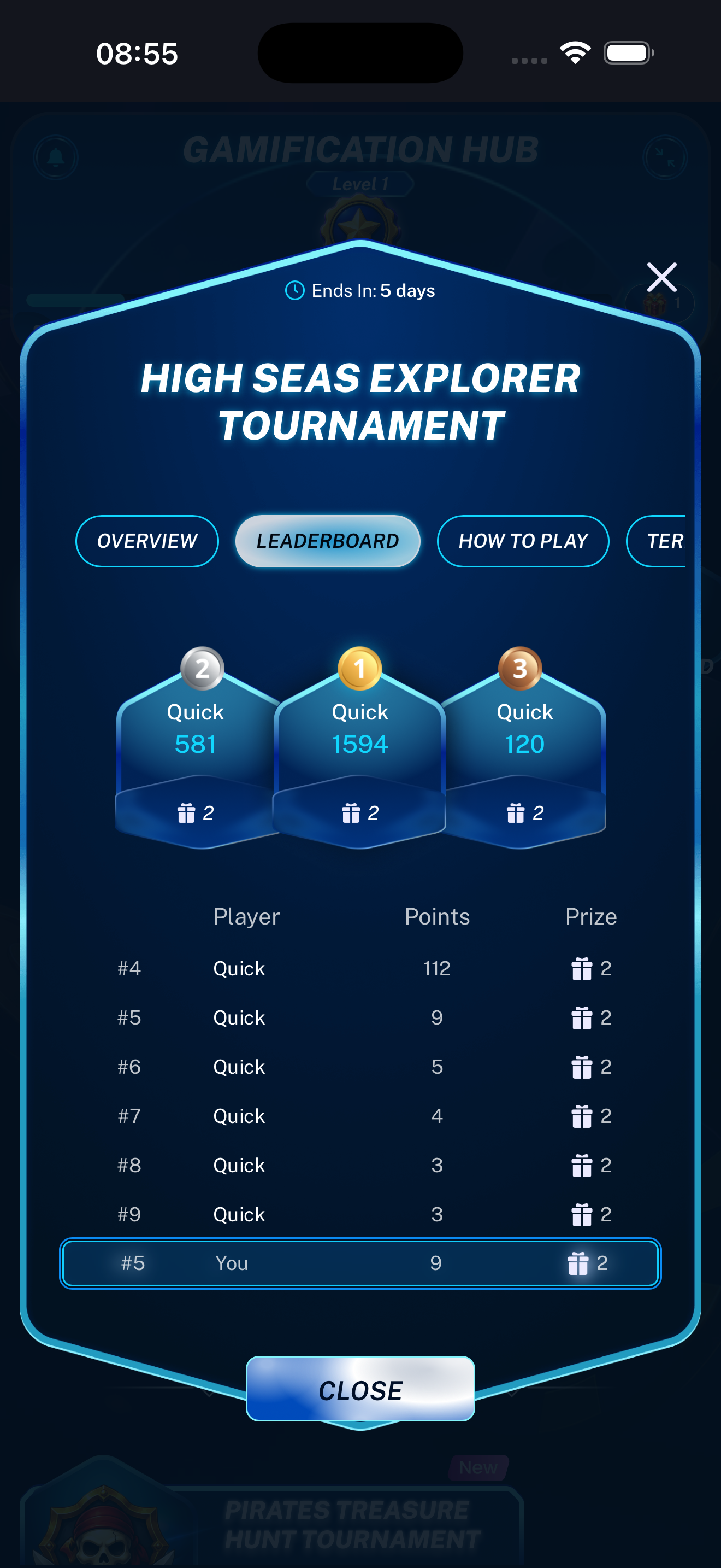 Tournament Leaderboard tab displayed on a mobile phone